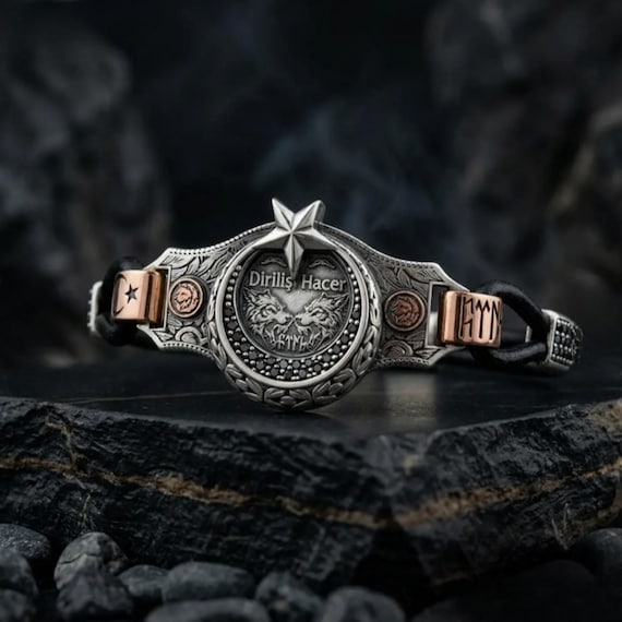 Personalized Crescent Moon Star Wolf Detail Leather Silver Bracelet