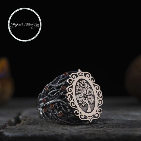 Handmade Sterling Silver Family Tree Ring with Red Zircon Stones