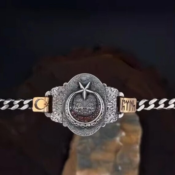 Custom Name Crescent Star Bracelet: Sterling Silver Zircon Stone, Göktürk Script
