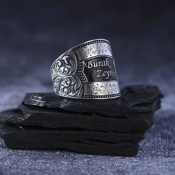 Personalized Sterling Silver Ring: Engraved Ottoman Style, Adjustable