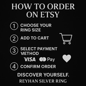 May include: A black informational graphic titled HOW TO ORDER ON ETSY with white text listing four steps: 1 CHOOSE YOUR RING SIZE, 2 ADD TO CART with a shopping cart icon, 3 SELECT PAYMENT METHOD with Visa and Pay logos, 4 CONFIRM ORDER with a heart icon.