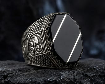 Black Onyx Men’s Ring, 925 Sterling Silver Engraved Statement Signet Gift