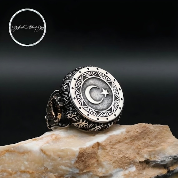 Men's Sterling Silver Moon Star Ring: Turkish Patriotic Jewelry