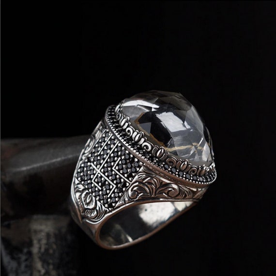 Handmade Crystal Quartz Kaaba Ring – Sterling Silver Islamic Jewelry with Kufic Calligraphy