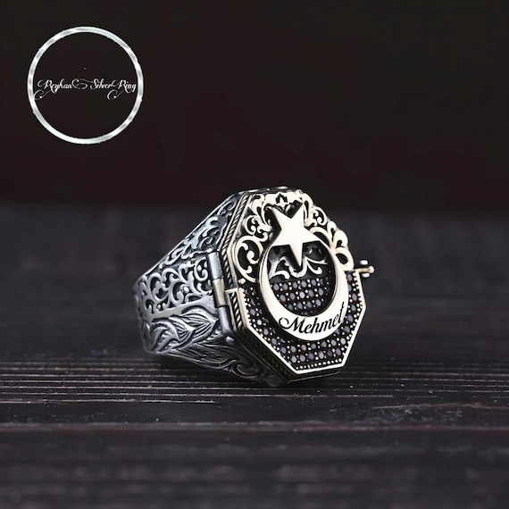 Crescent Moon Star Sterling Silver Ring: Personalized Ottoman Empire Jewelry