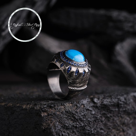 Turquoise Stone Ring with Zircon Details - Customizable Design - Turkish Handcrafted Jewelry