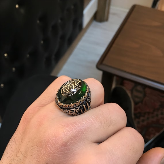 Green Amber Sterling Silver Men's Ring: Arabic Inscription, Islamic Jewelry