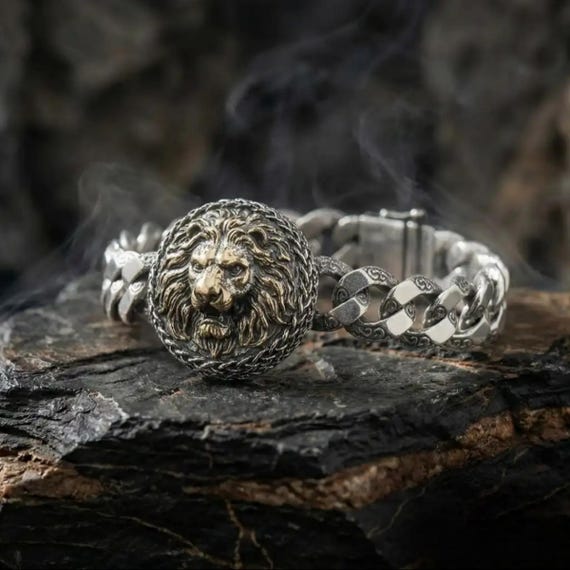 Sterling Silver Lion Head Bracelet - Handmade Masculine Jewelry
