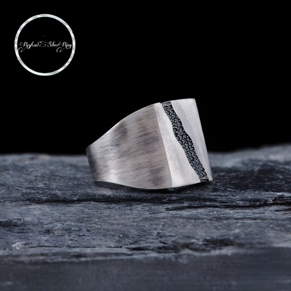 Handmade 925 Silver Men's Ring: Black Zircon Stone, Boho Gift