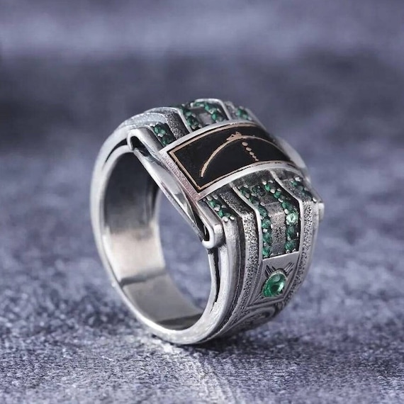 Handmade Green Onyx Sterling Silver Ring - Adjustable Mens Jewelry