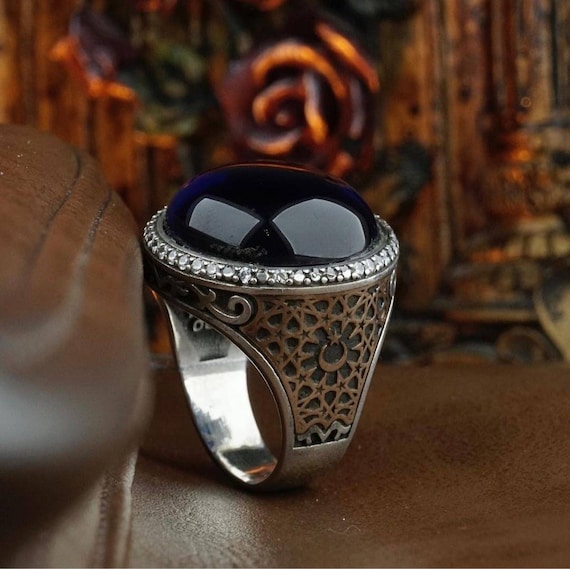 Dark Blue Amber Sterling Silver Men's Ring: Seljuk Moon Star Detail