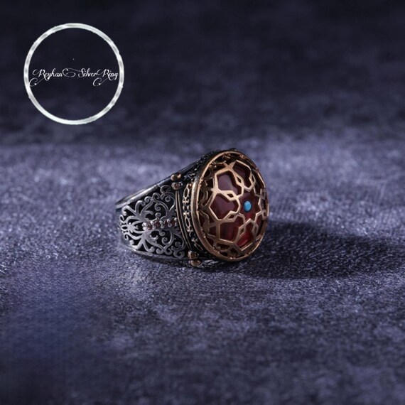 Handcrafted Red Amber Stone Shield Ring: 925 Sterling Silver Men's Jewelry