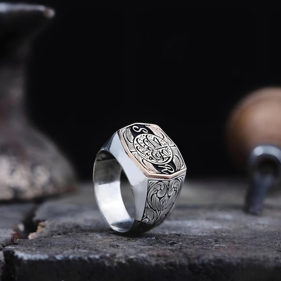 Arabic Calligraphy Sterling Silver Ring: Seljuk Star Islamic Men's Jewelry