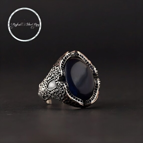 Handcrafted Sterling Silver Men's Ring: Navy Blue Fire Amber & Black Zircon