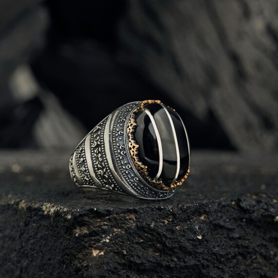Hand Carved Sterling Silver Mens Ring: Black Inlay Amber Stone