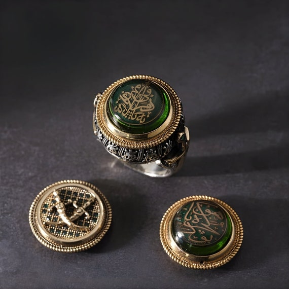 Handmade Sterling Silver Men's Ring: Green Stone, Interchangeable Heads