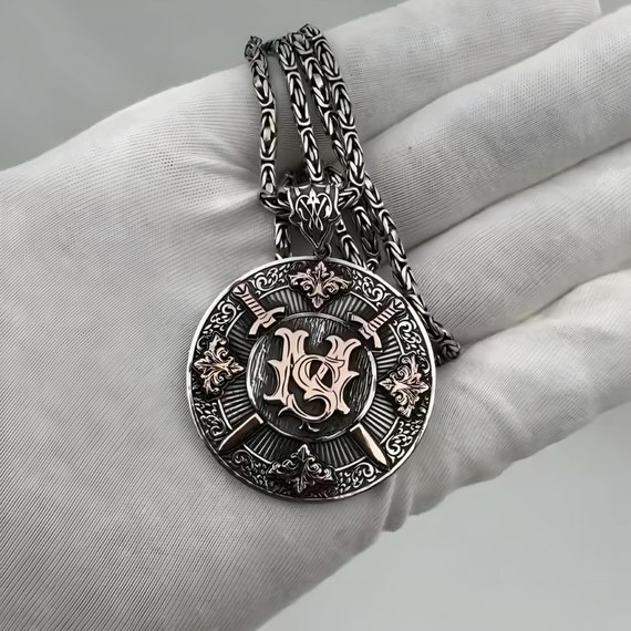 Islamic 925 Silver Pendant with Swords, Ottoman Motifs & Quranic Engraving