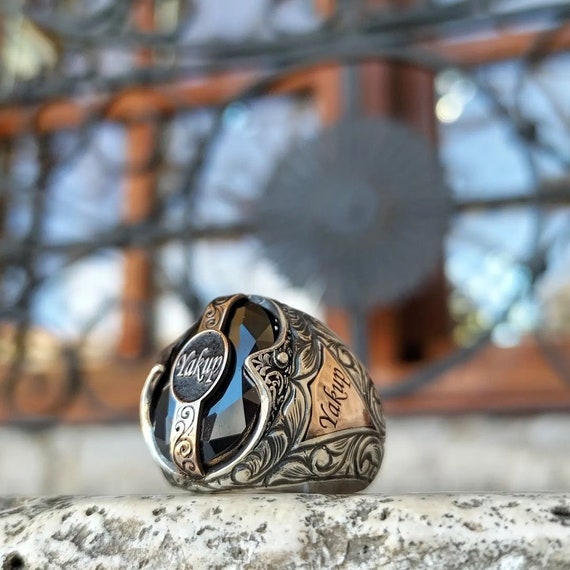 Black Onyx Stone Sterling Silver Mens Ring / Handmade Name Ring