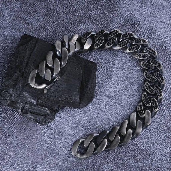 Micro Onyx Stone Men's Sterling Silver Chain Bracelet: Handmade Adjustable 925k Silver
