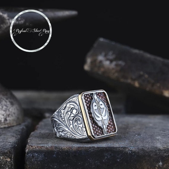 Elif Vav Sterling Silver Men's Ring: Red Zircon Stone, Handmade