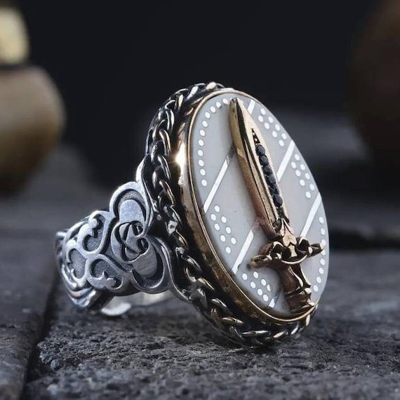 Handmade 925 Sterling Silver Sword Ring: White Pearl Stone, Adjustable Jewelry