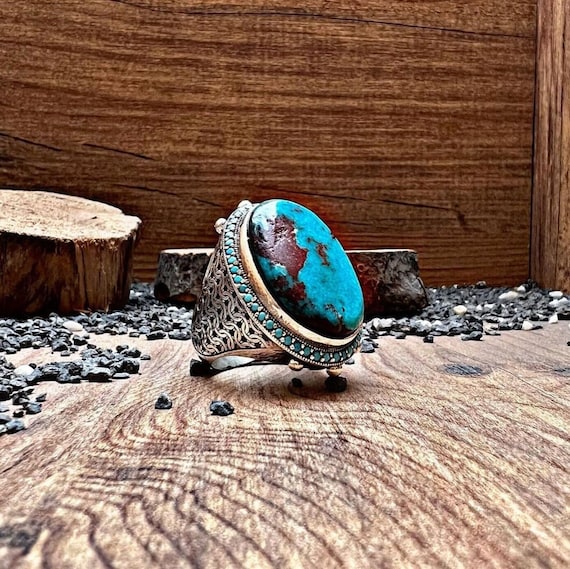 Handmade Oval Turquoise Ring, Gemstone Silver Jewelry for Men