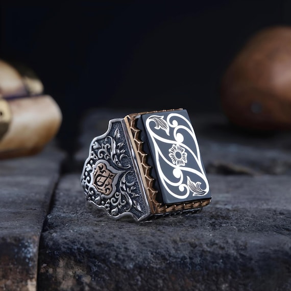Oltu Jet Stone Silver Ring: Ottoman Palace Motif, 925 Sterling Silver