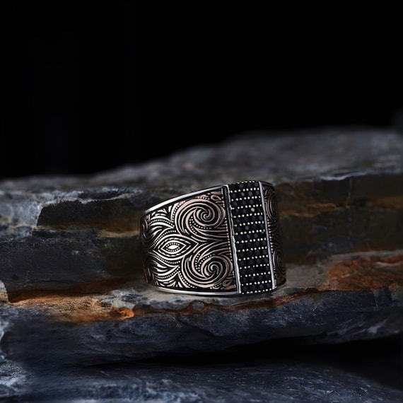 Handmade Black Zircon Sterling Silver Ring - Adjustable Gemstone Jewelry