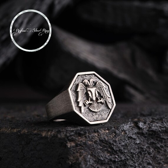 Double-Headed Eagle Octagon Silver Ring - Customizable Design