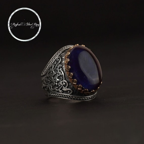 Ivy Patterned Dark Blue Fire Amber Stone 925 Sterling Silver Men's Ring