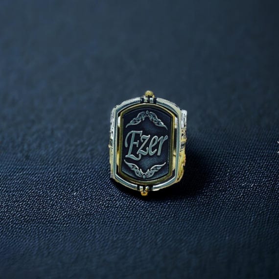 Double Sided Personalized Silver Ring – Handmade Ottoman Pattern & Engraved Design Custom Photo Ring