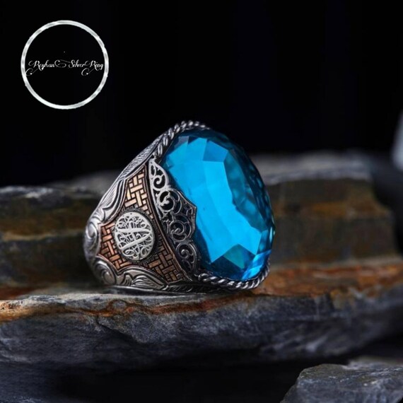 Aquamarine Ottoman Sterling Silver Men's Ring - Personalized