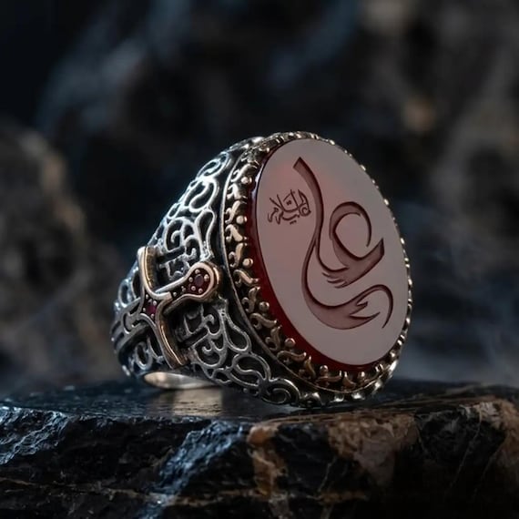 Red Aqiq Stone Hz Ali 925 Sterling Silver Ring Men Islamic Sword