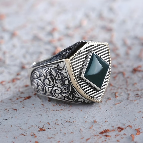 Handcrafted Sterling Silver Ring: Green Agate Stone Engraving, Adjustable