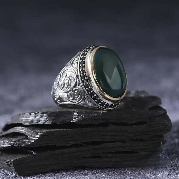 Handcrafted Engraved Jade Ring: 925 Sterling Silver Men's Jewelry