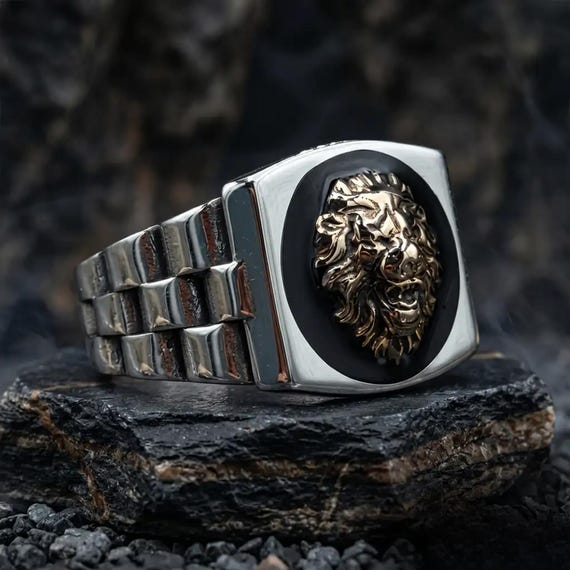 Lion Head 925 Sterling Silver Ring for Men Black Onyx