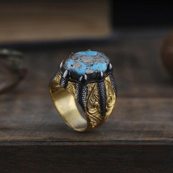 Natural Stone Sterling Silver Men's Ring with Gold Detail – Handmade