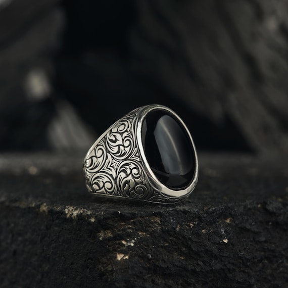 Black Agate Sterling Silver Ring for Men - Engraved Band