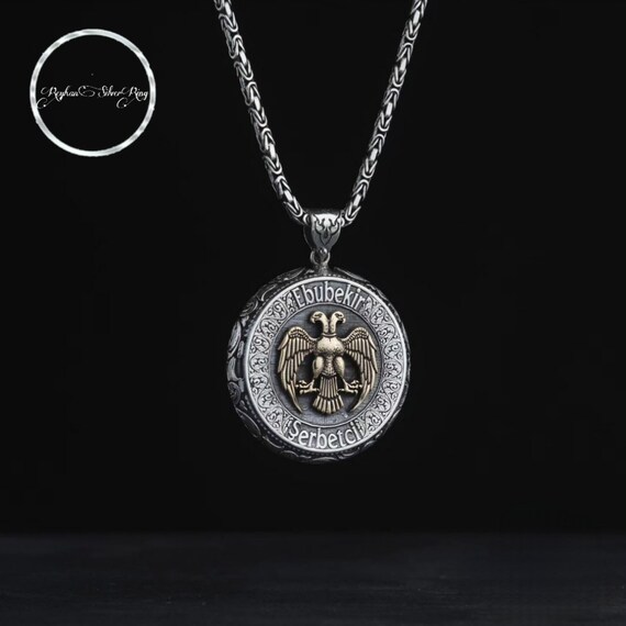 Personalized Sterling Silver Medallion Necklace: Double-Headed Eagle, Name Engraving