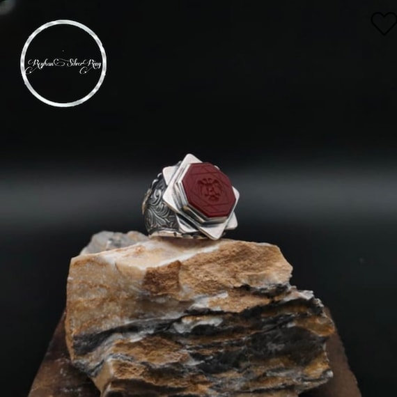 Engraved Red Agate Sterling Silver Ring: Double-Headed Eagle Design