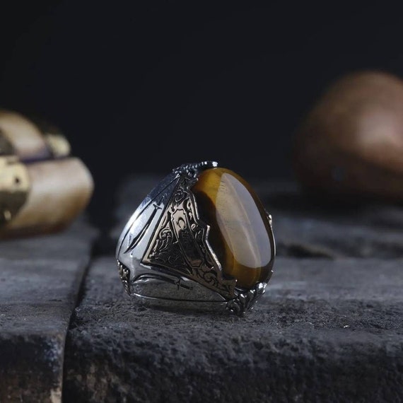 Tiger Eye Stone 925 Sterling Silver Mens Ring - Adjustable