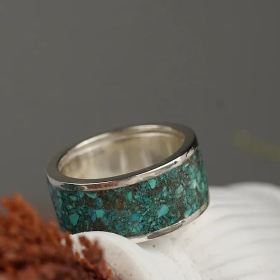 Handmade Sterling Silver Turquoise Ring: Natural Wedding Band