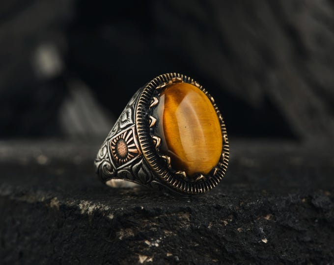Handmade Oval Tiger Eye 925 Sterling Silver Ring - Ottoman Style