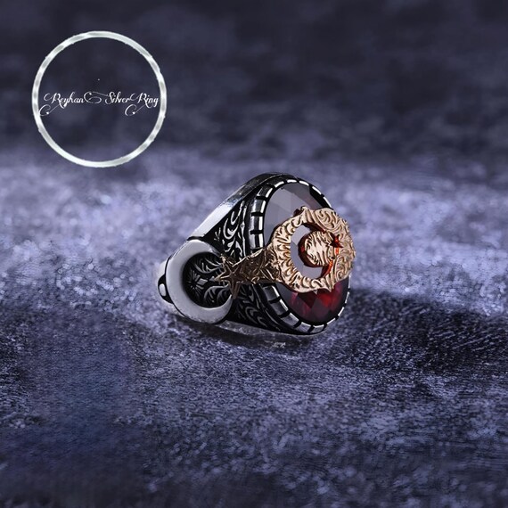 Handmade Sterling Silver Moon Star Ring: Red Gemstone, Adjustable