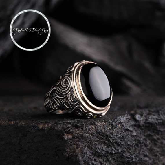 Black Onyx 925 Sterling Silver Ring: Embossed Gemstone Jewelry
