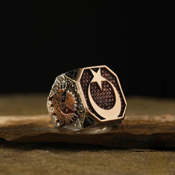 Silver Ottoman Coat of Arms Ring: Seljuk Eagle, Red Garnet Stone, Turkish Band