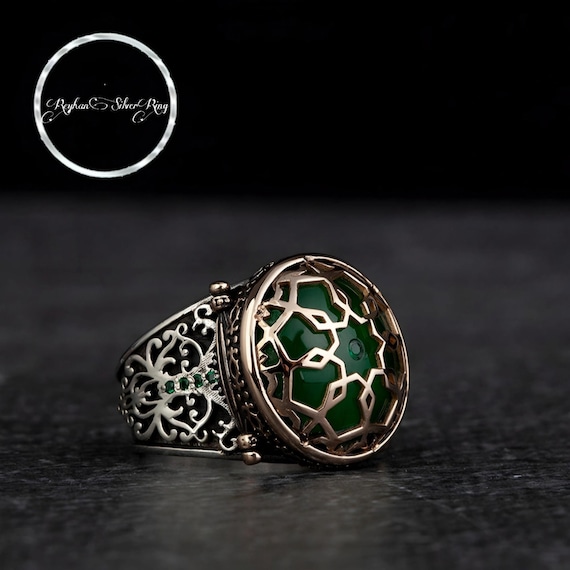 Handmade Sterling Silver Ring: Green Amber Seljuk Design Jewelry