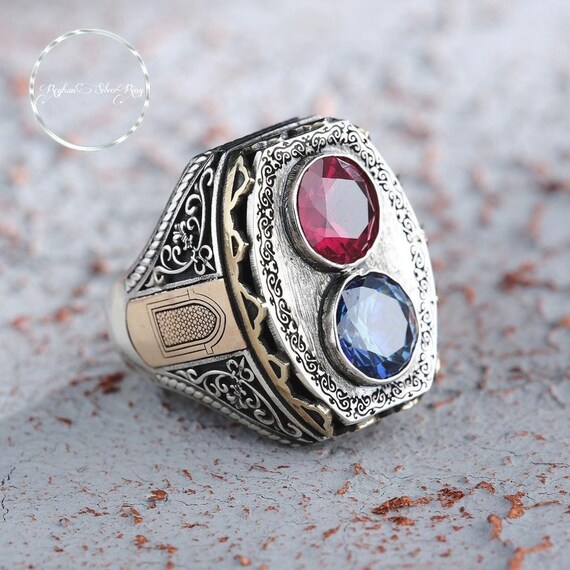 Handcrafted Sterling Silver Ring: Red & Blue Stone, Customizable Jewelry