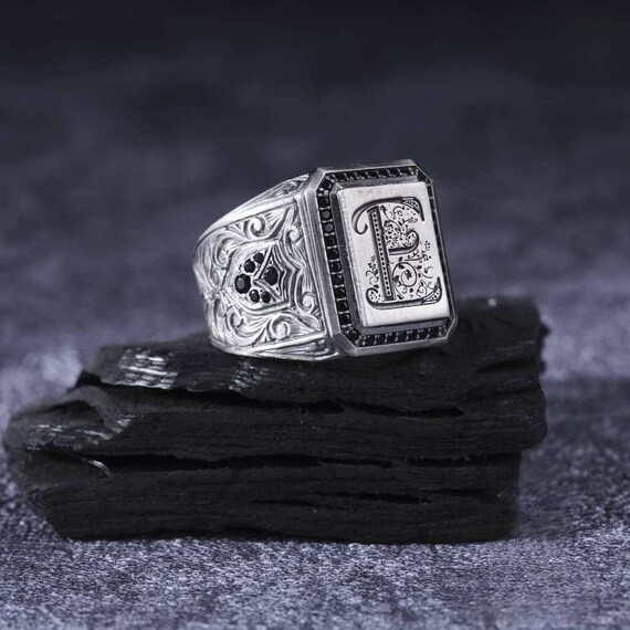 Lettered Black Zircon Sterling Silver Men's Ring - Adjustable Handmade Jewelry