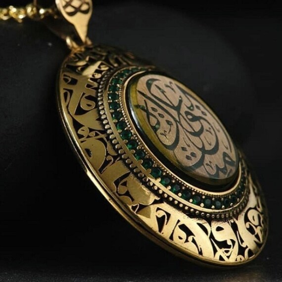 Amber Carved Necklace: 925 Sterling Silver, Green Micro Stone Accent